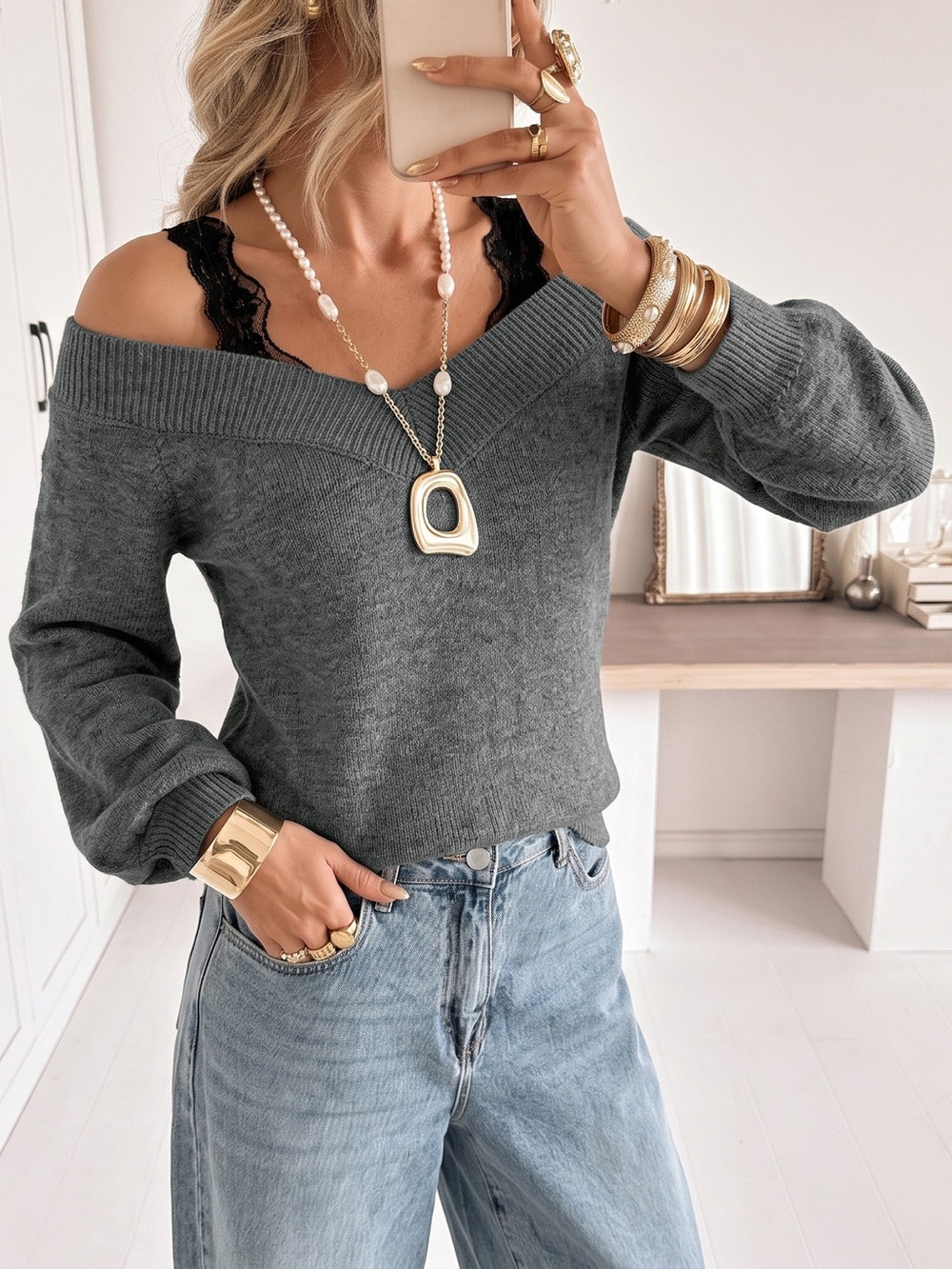 Off-Shoulder Lace Trim Sweater - Picture 1 of 14